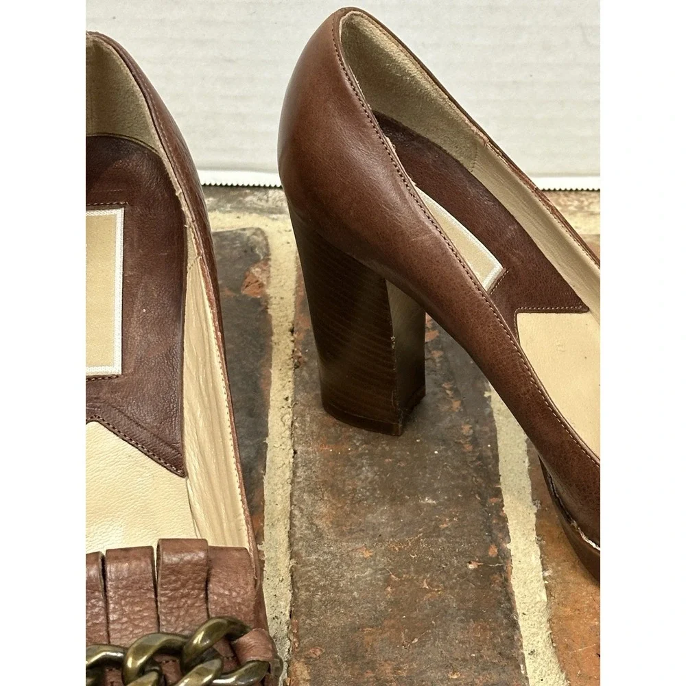 Michael Kors Collection Brown‎ Leather Kiltie Pumps Fringe Block Heel Women's 6